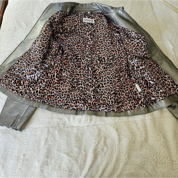 ANANGE Silver Leather Jacket Whip Stitch Pockets Size Medium - Picture 5 of 8